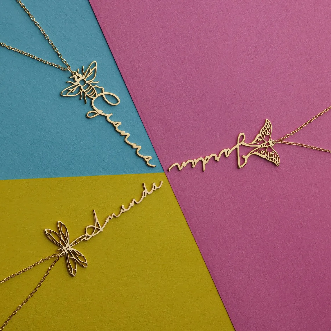 Customized Name Vertical Necklace Women Stainless Steel Personalized Vertical Butterfly Dragonfly Pendant Handmade Jewelry Gift