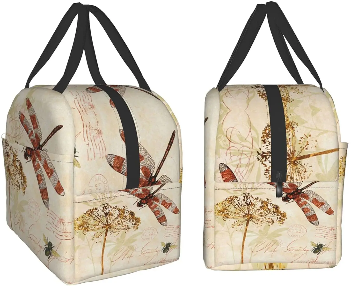 Vintage Leave Dragonfly Insulated Lunch Bag Leakproof Cooler Kids Lunch Box for Men Women Girls Boys Reusable Thermal Tote Bag