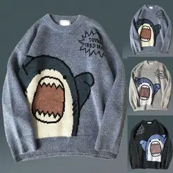 Vrouwen Mannen Trui Cartoon Shark Print Ronde Hals Alle Match Lange Mouwen Oversized Trui Top Harajuku Hip Hop Losse Gebreide jumper