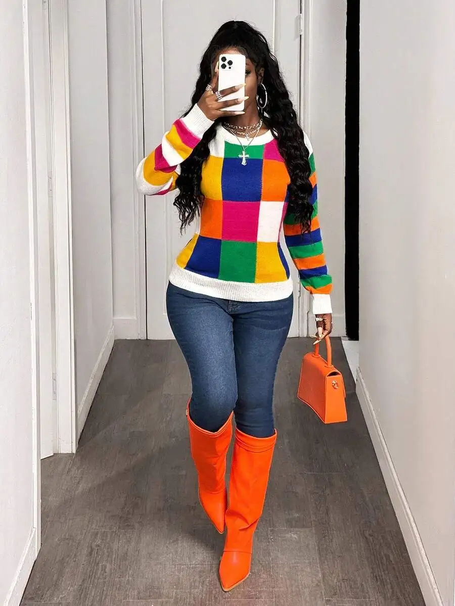 

Women's Crew Neck Long Sleeve Colorful Patchwork Knit Sweater for Casual Winter Wear