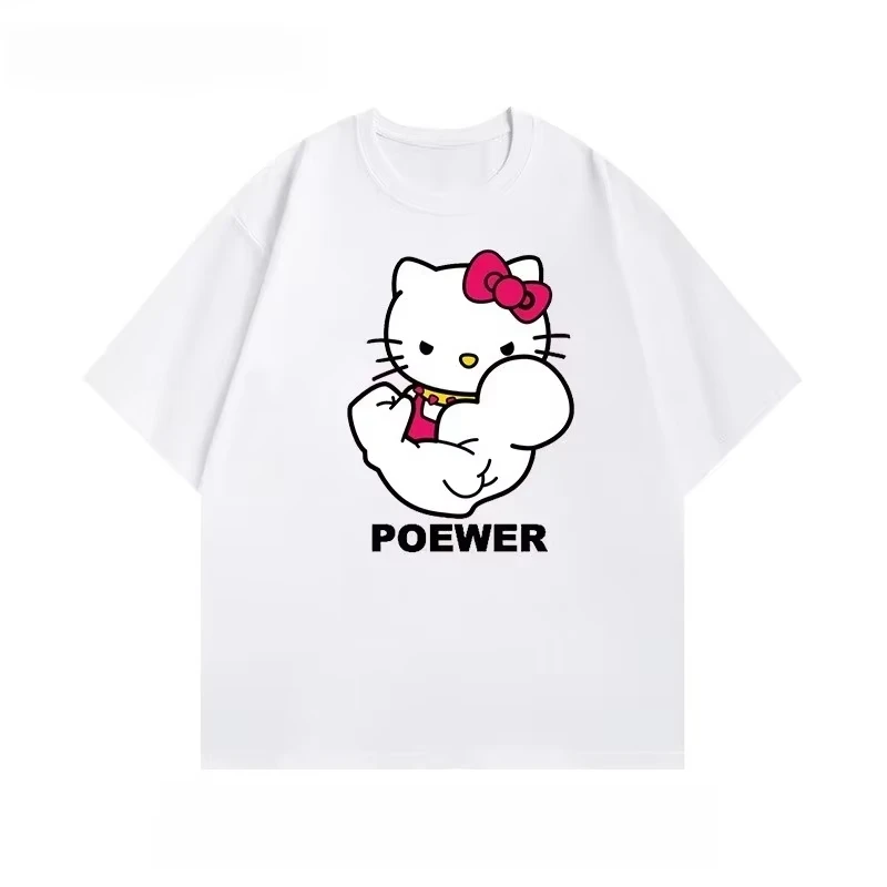 

MINISO Fashion Fitness Muscle Hello Kitty Cartoon Printed Cotton Women Summer ShortSleeved Tshirt Fashion Loose Casual Versatile