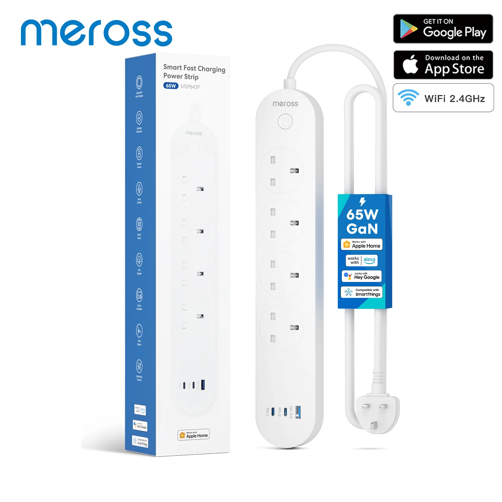 Meross HomeKit Smart Fast Charging Power Strip with 4 Sockets and USB-A/C Port 65W UK version Support Alexa Google Assistant