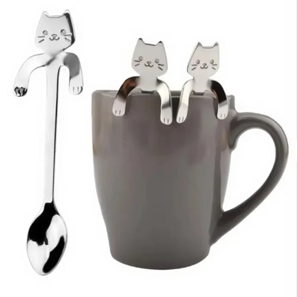 1/4pcs Stainless Steel Mini Cat Coffee Spoon Cute Design Cute Cat Stainless Steel Teaspoon Kitchen Tool Tableware