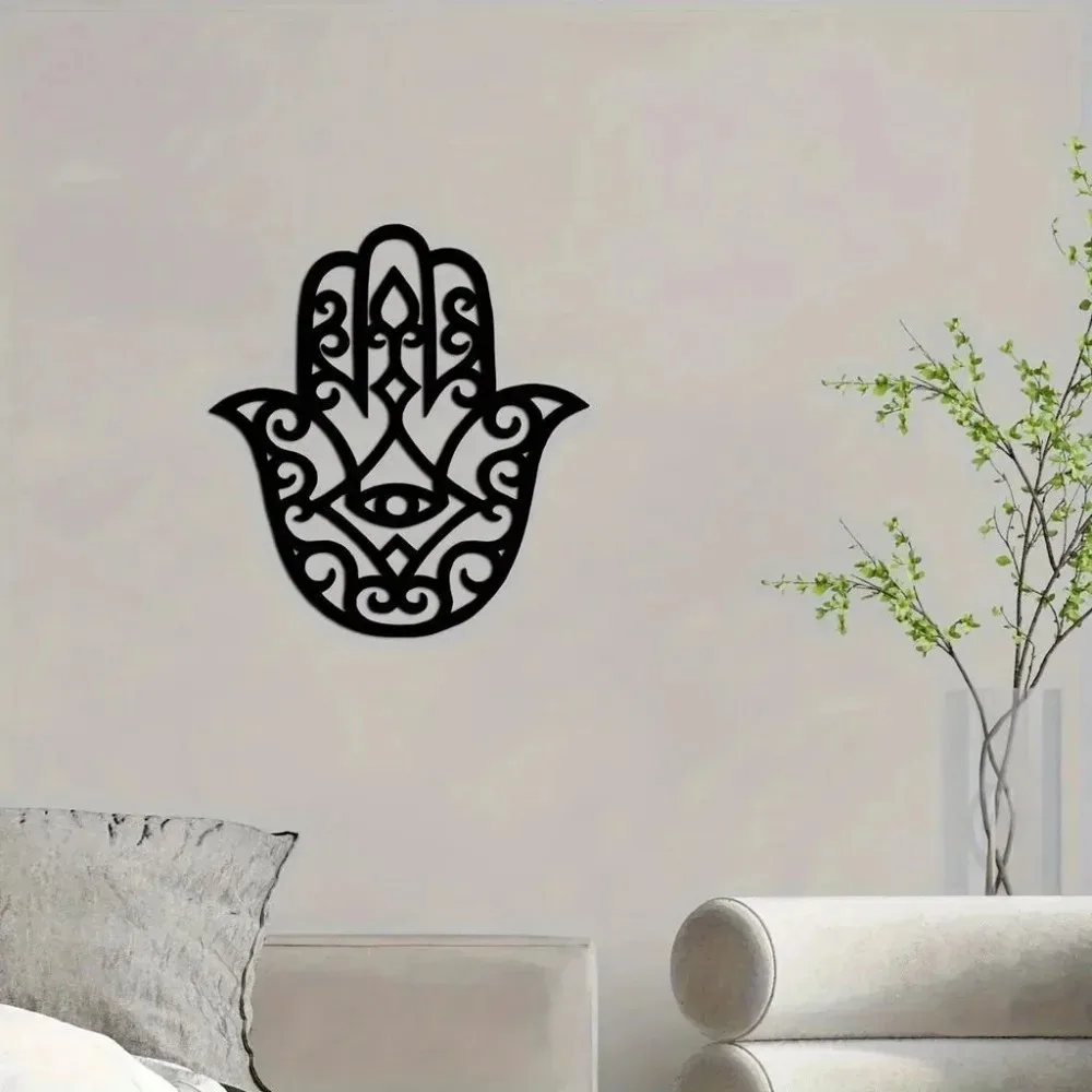 Boho Black Hamsa Hand Metal Wall Art Spiritual Protection Decor Modern Wall Sign for Indoor Living Room Home Wall Hanging