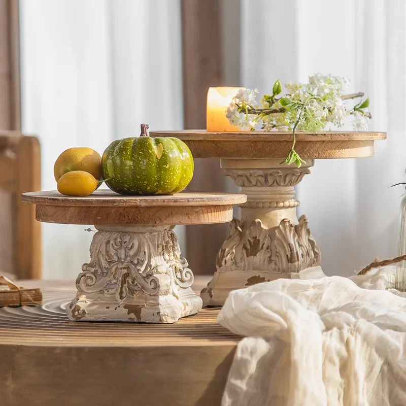 Handmade Wooden Display Storage Tray, Weathered White Risers, Carving Column, Cake Stand, Kitchen Decoration, Candle Holder