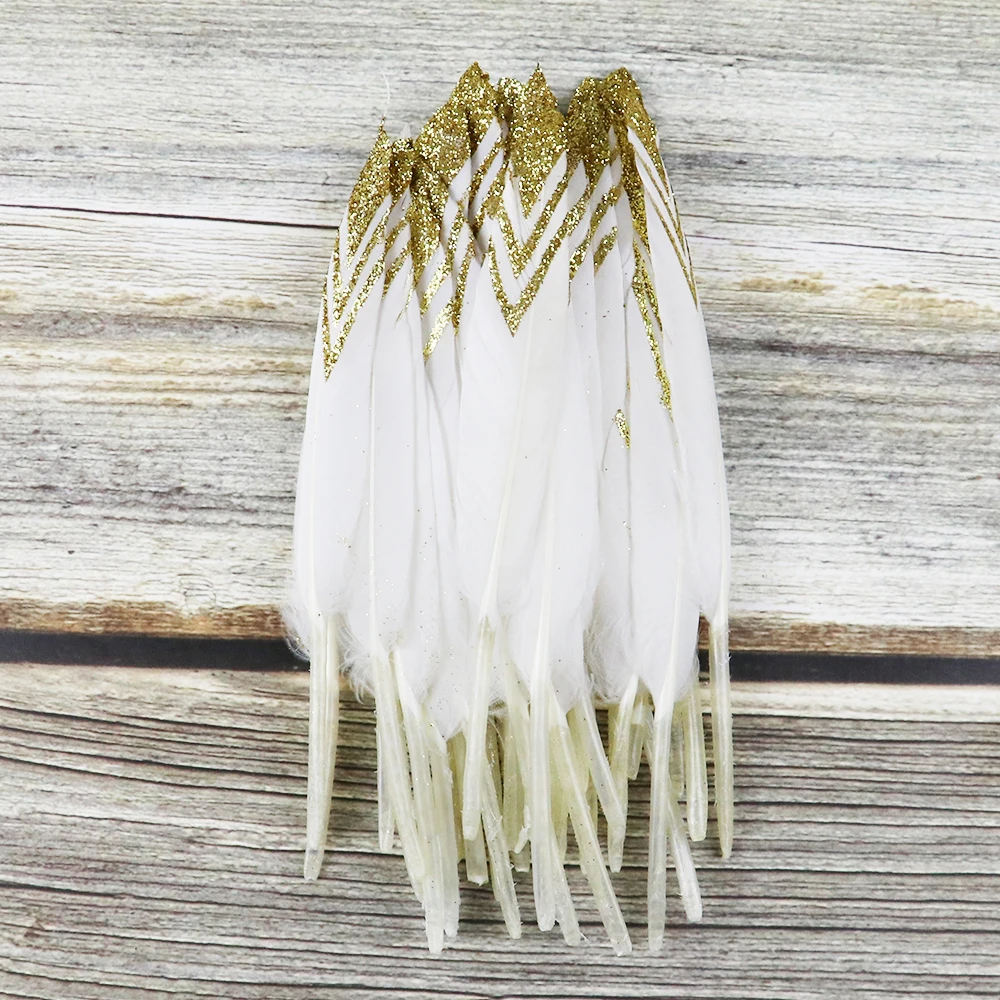 Golden V Shaped Goose Feathers Printing Natural Swan feather 10-15 CM For Costume Hat Jewelry Making Decoration 10Pcs/lot view 3