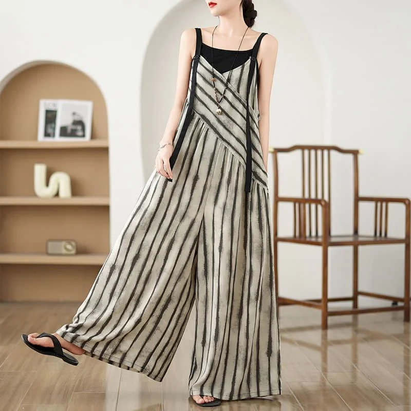 Striped Jumpsuits Women One Piece Outfit Women Loose Korean Style Oversized Wide Leg Pants Casual Vintage Sleeveless Playsuits