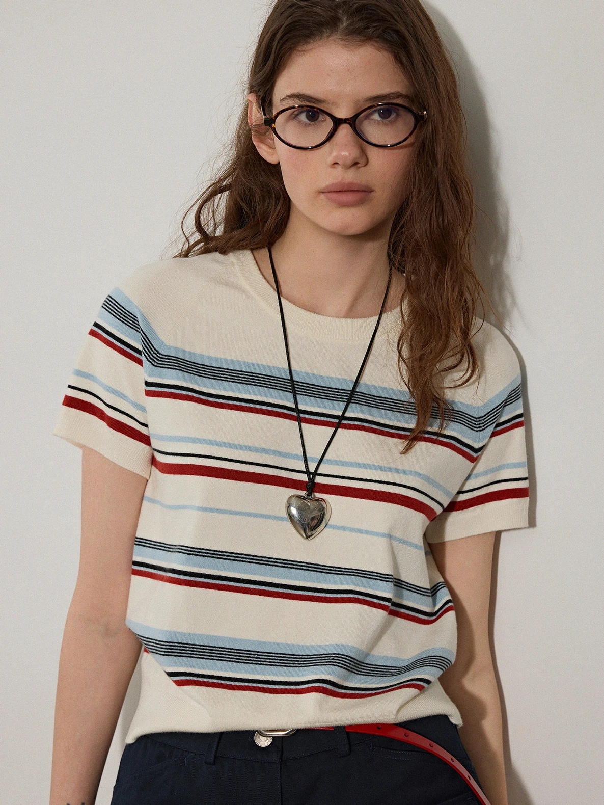 Fashionable Retro Color Block Stripe Ice Silk Knitted Short Sleeve T-Shirt Women's Summer Casual Slimming Top Shoulder Width