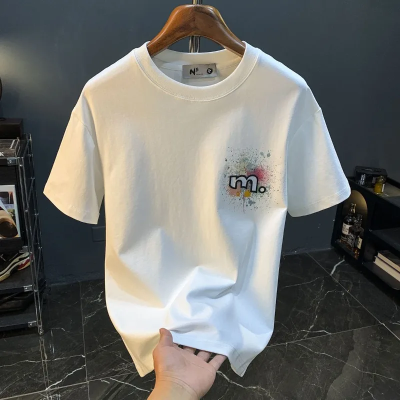

Summer Men's Loose Fit Short Sleeve T-Shirt 100% Combed Cotton Breathable Comfort White Printed Top