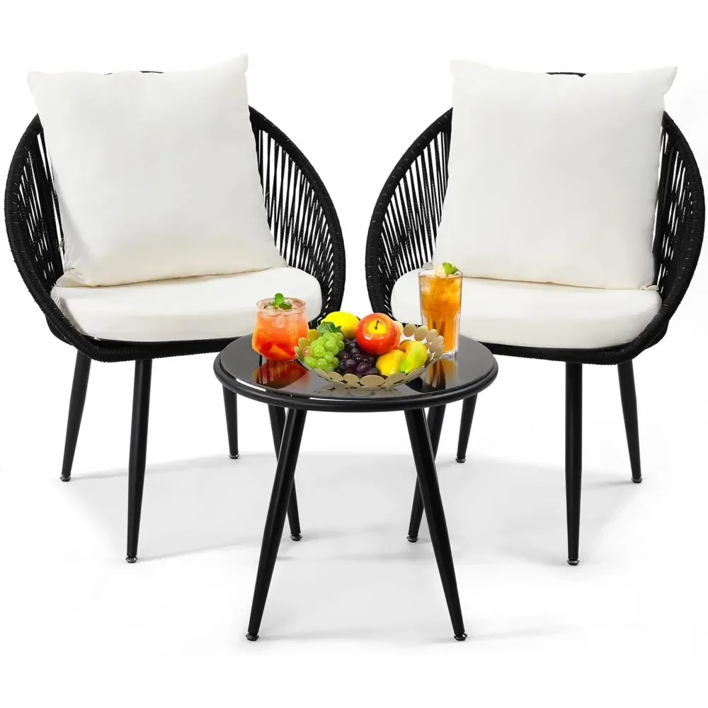 

3 Pieces Bistro Set, Woven Rope Chair with Cushions, All Weather Patio Conversation Set and Side Table, Ideal for Deck, Balcony