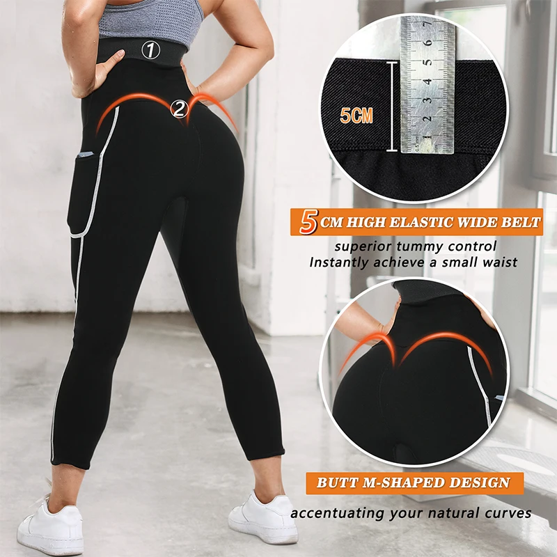 Sauna Sweat Pants for Women High Waist Compression Slimming Leggings Sauna Sweat Capris Pants with Pocket view 5