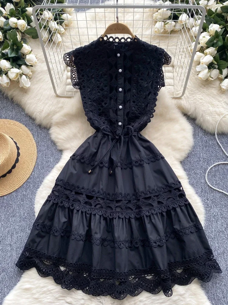 Women Vintage Midi Dress Summer Sleeveless Slim A-line Elgant Evening Party Dresses Ladies Hollow Out Solid A-line Robe Vestidos