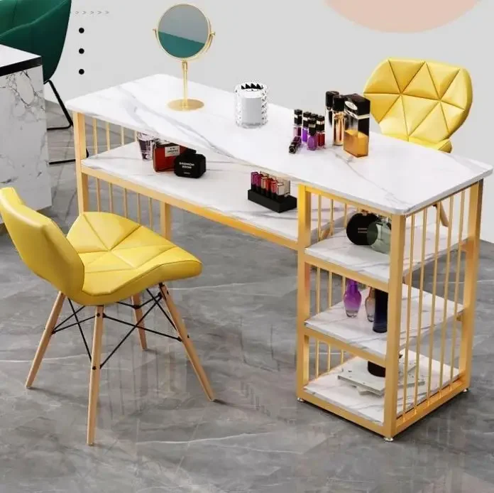 Modern Black Gold Salon Furniture Wood Pallet Extension Metal Marble Nail Table and Chairs Set Manicure Table