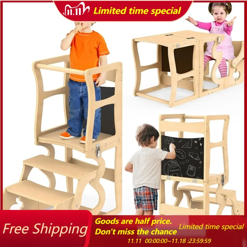 

Toddler Tower, Kitchen Stool Helper for Toddlers, Learning Wooden Tower with Chalkboard and Backrest