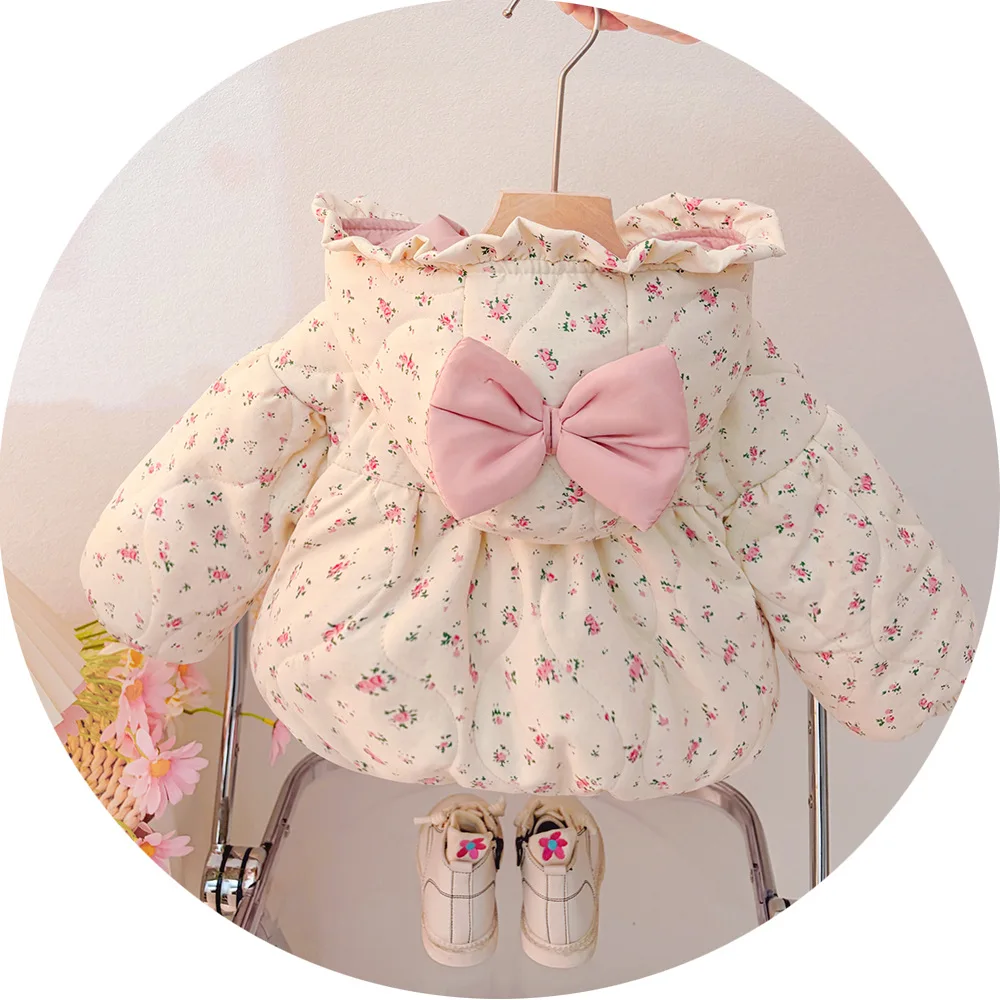 Girls Cotton Clothes 2026 Spring and Autumn New Childrens Clothing Korean Style Girl Baby Pink Bow Floral Hooded Cotton Clothes - view 6