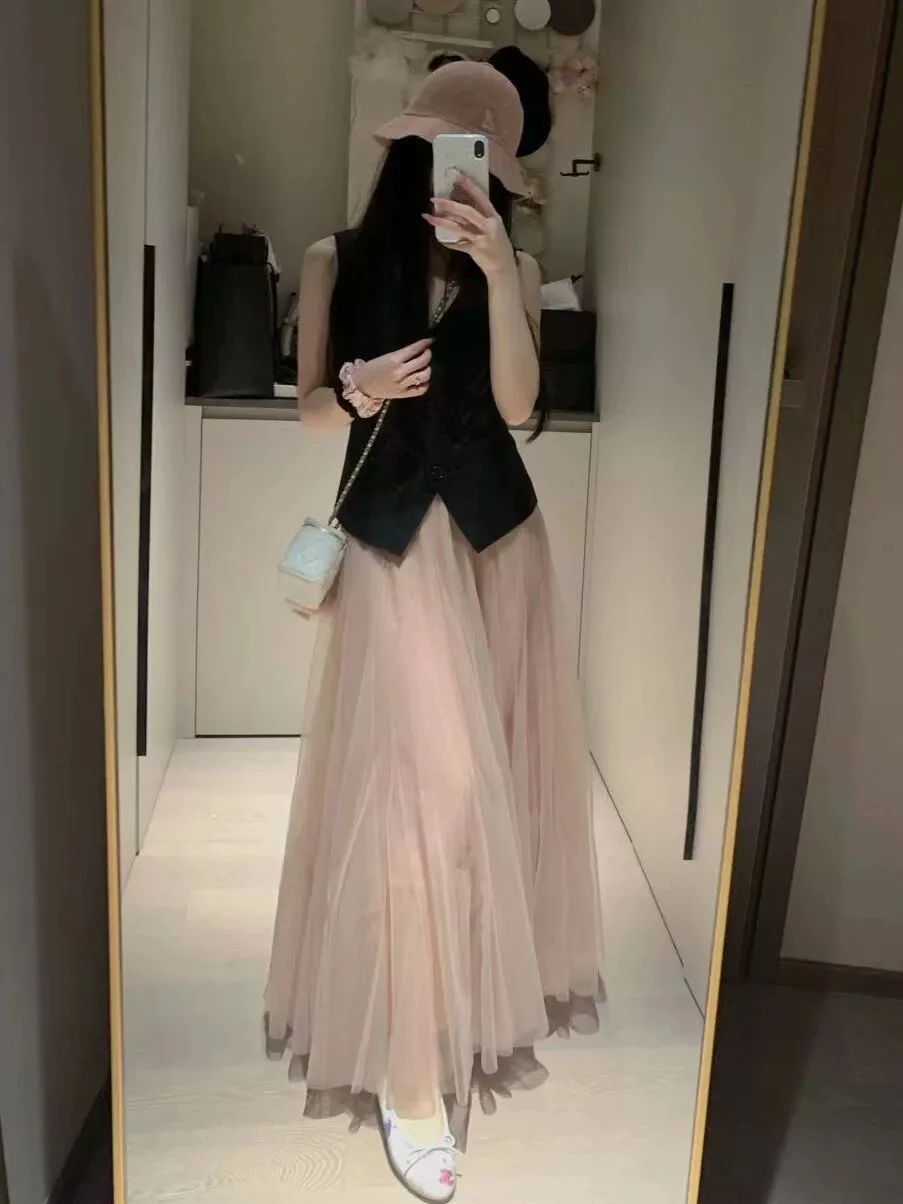 

2025 Autumn New Pink A-Line Tulle Skirt High Waist Midi Length Women's Ultra Fairy f Skirt Commute Ci Scenarios Polyeste...