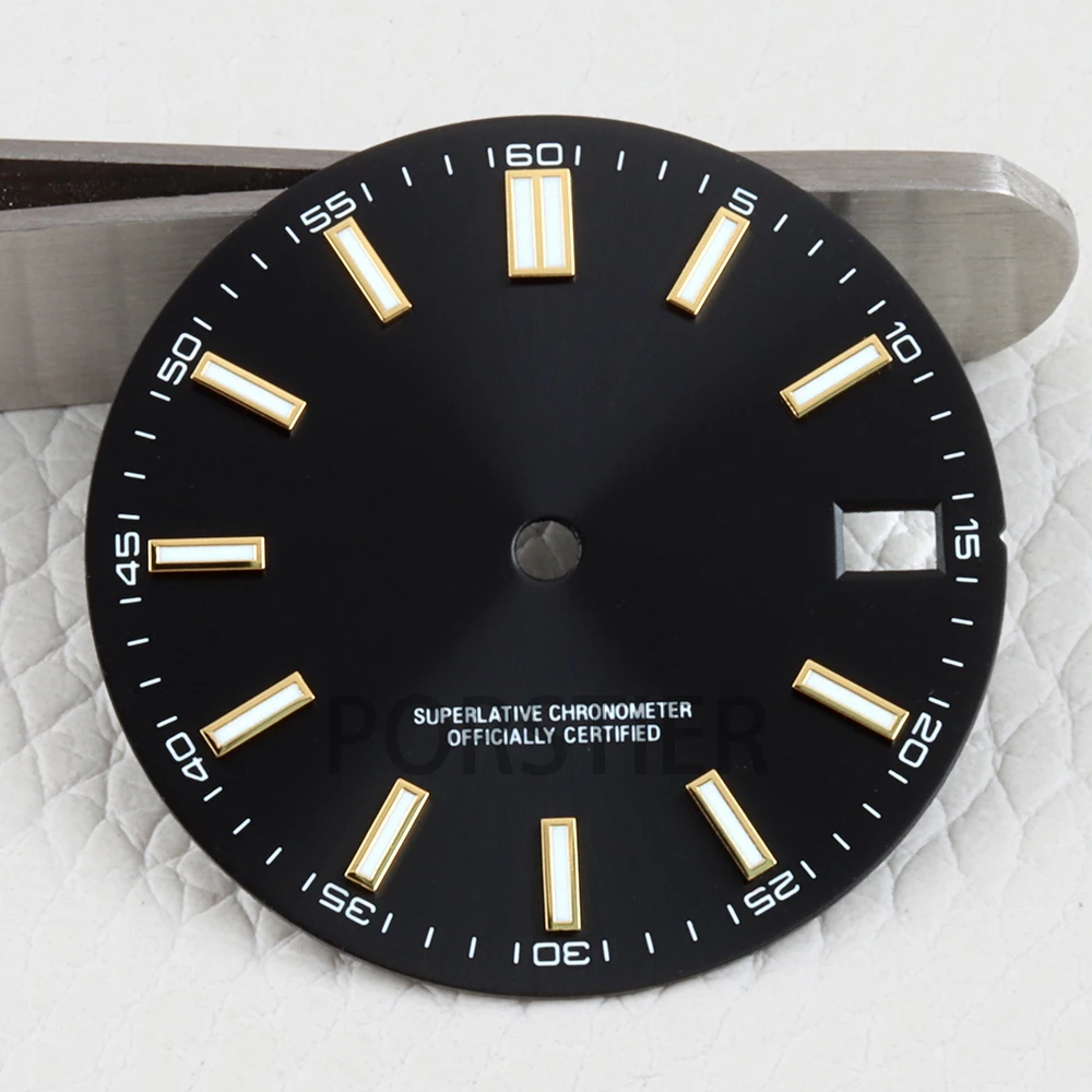 28,5 mm NH35-Uhrenzifferblatt für DATEJUST NH35/NH36-Uhrwerk, blau leuchtendes Zifferblatt mit Sonnenschliff-Textur, Datumsfenster, Uhrenzifferblatt-Ersatzteile – Detail 7