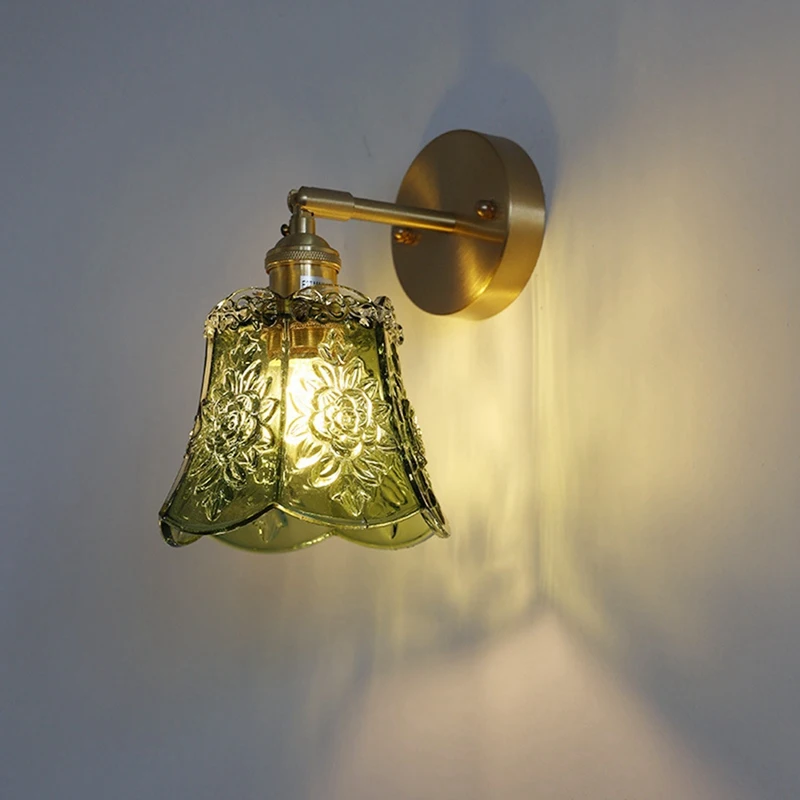 Glass LED Wall Lights Pull Chain Switch Living Dining Room Kitchen Copper Vintage Style Up Down Rotate Bedside Lamp-ABFB