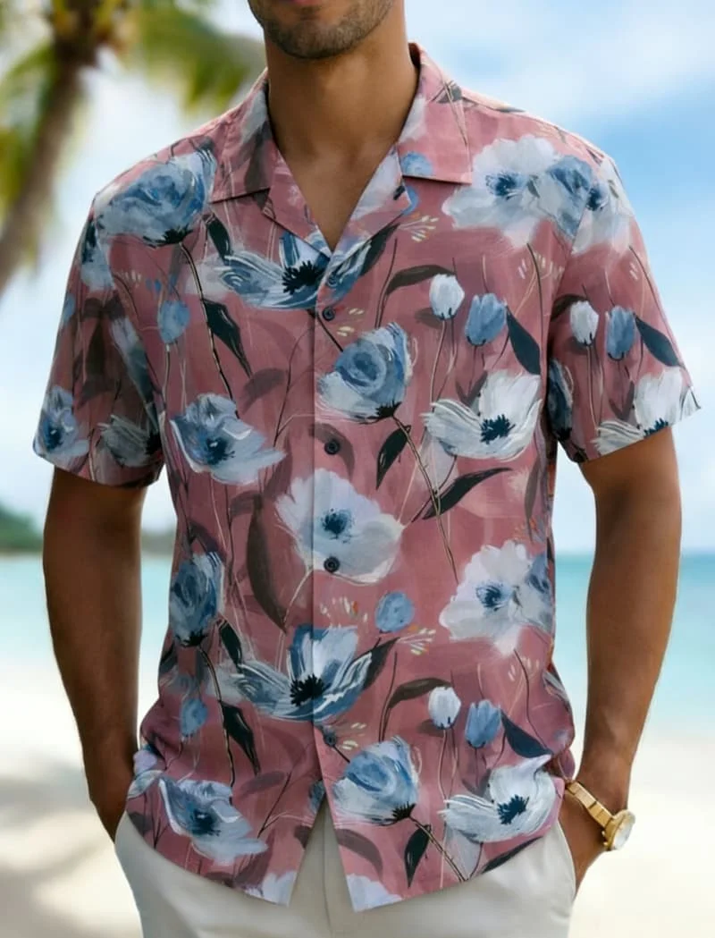 

Men's Oil Painting Style Tropical Floral PrintShirt, Hawaiian Casual Design for Summer Vacation, Daily Wear & Street Style