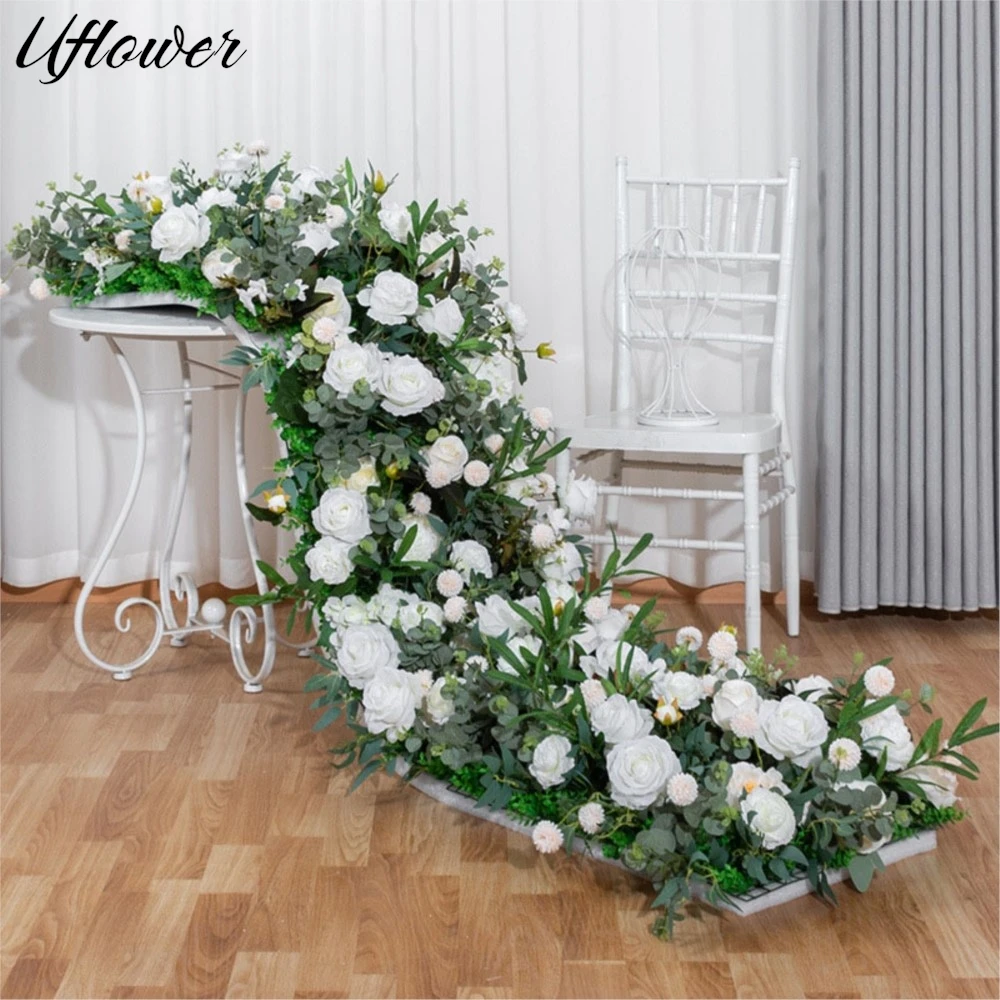 

Uflower Green Plants Leaf White Rose Flower Row Wedding Backdrop Decor Floor Flower Runner Event Table Floral Arrangement Props