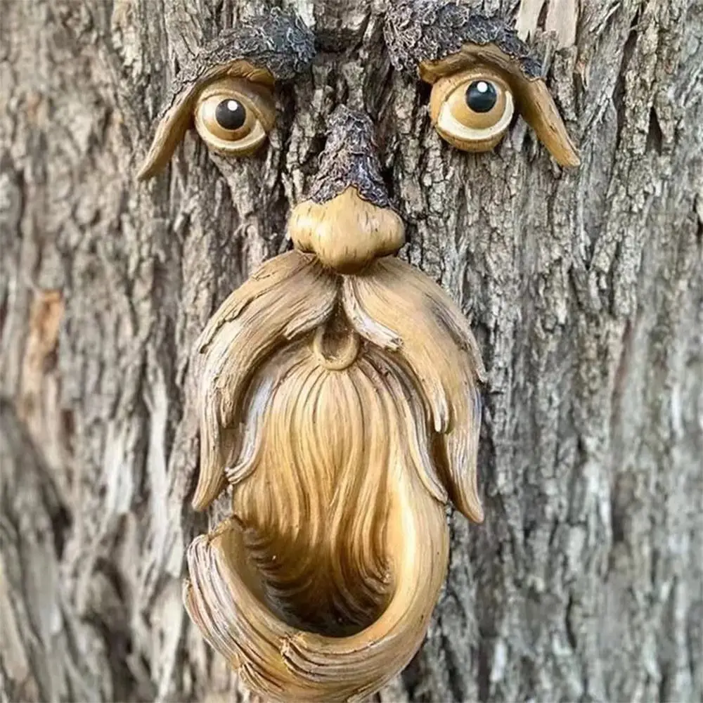 Novelty Resin Bark Face Old Man Cartoon Ghost Face Garden Ornaments Bird Supplies Tree Hugger Bird feeder