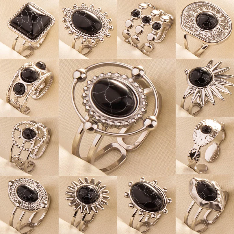 

5PCS Boho Turquoise Rings Hippie Stainless Steel White Gemstone Adjustable Rings Women Girls Gift Knuckle Rings Bohemian Jewelry
