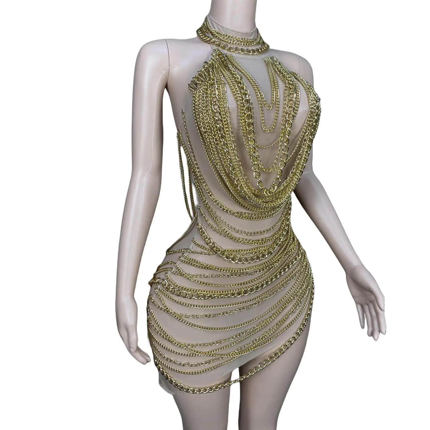 Sexy Backless Gold Drill Chain See Through Mini Dress for Women Sleeveless Drag Queen Outfit Celebrate Club Wear Jinshuliantiao