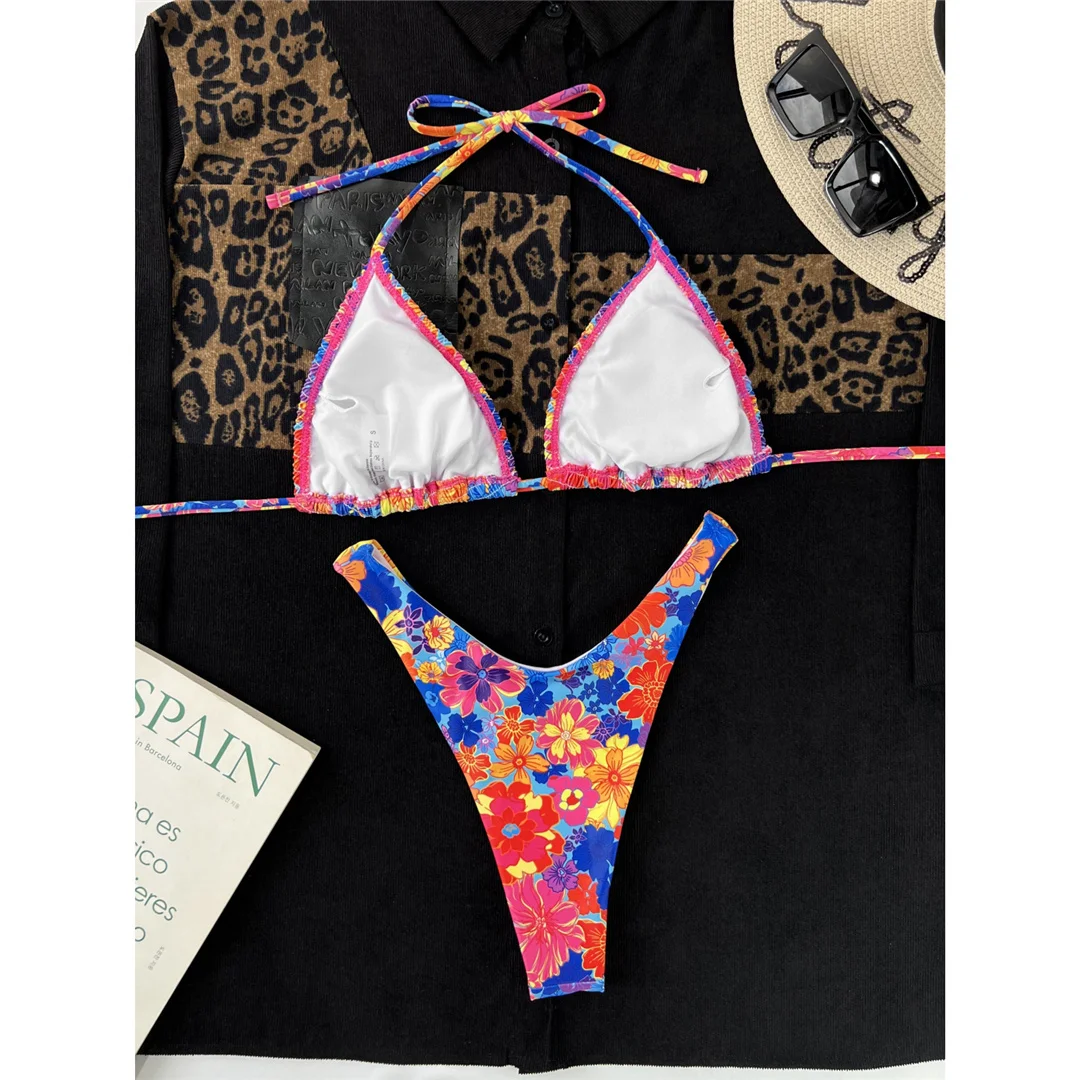Sexy, mit Blumenmuster bedruckter, halterneckiger, brasilianischer Bikini, Damen-Badeanzug, zweiteiliges Bikini-Set, Badebekleidung, Badeanzug, Schwimmbekleidung V4667 – Detail 10