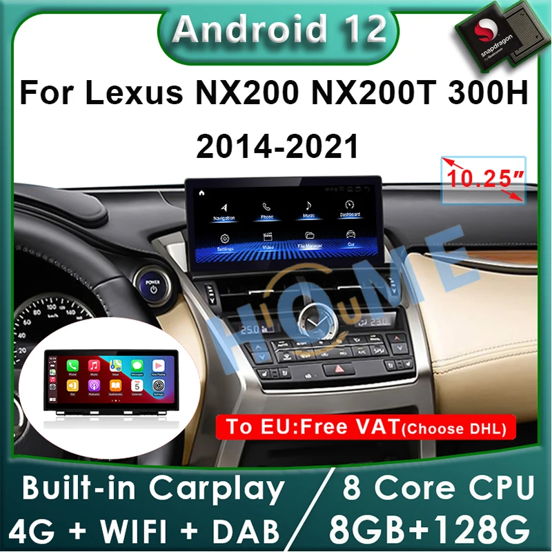 Android 12 Snapdragon 8+128G Car Radio GPS Navigation Multimedia Player CarPlay Screen For Lexus NX NX200 NX200T 300h 2014-2021