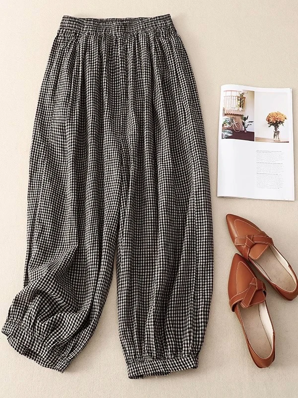 

plus Size Ladies Casual Loose Trousers Plaid Splice Color Match All-Match Thin No Ironing Needed Wide Leg Pants