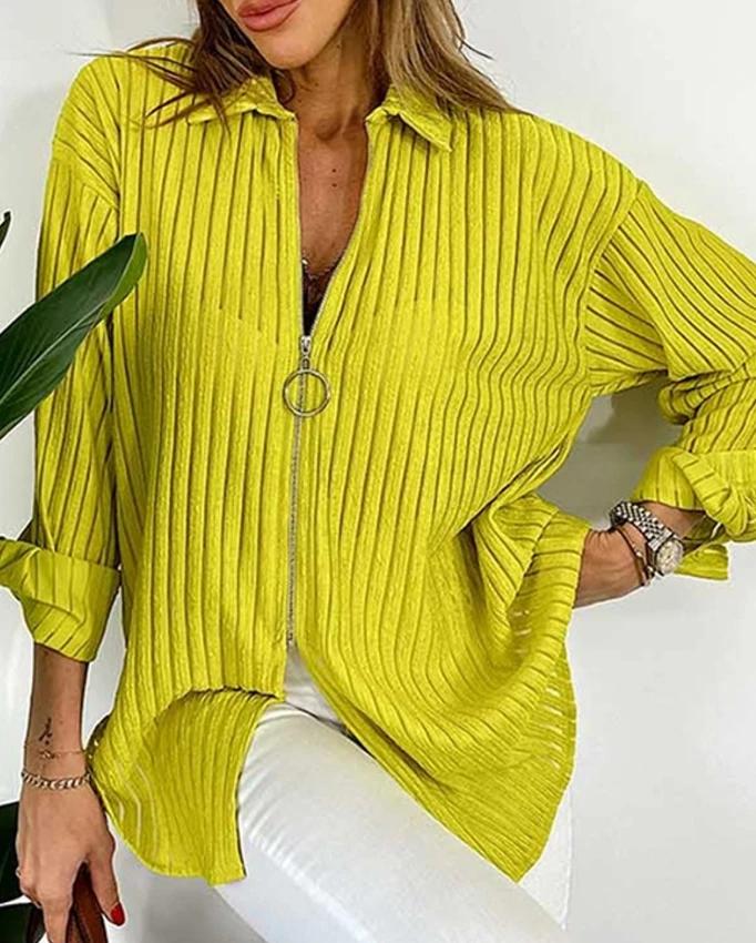 Fashion Woman Blouse 2024 Spring Zipper Design Turn-Down Collar Casual Plain Long Sleeve Loose Daily Semi-Sheer Shirt Top