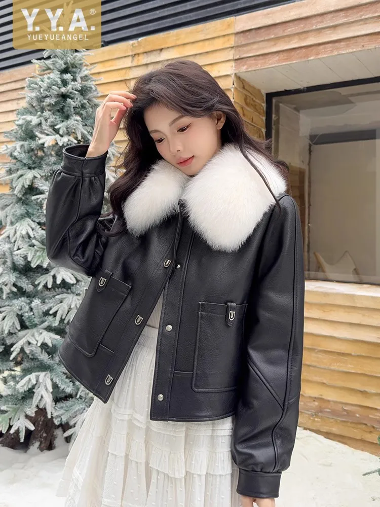 Winter Women Fox Fur Collar Sheepskin Genuine Leather Down Jacket Fashion Warm Single Breasted Outwear Coat New Designer Jackets