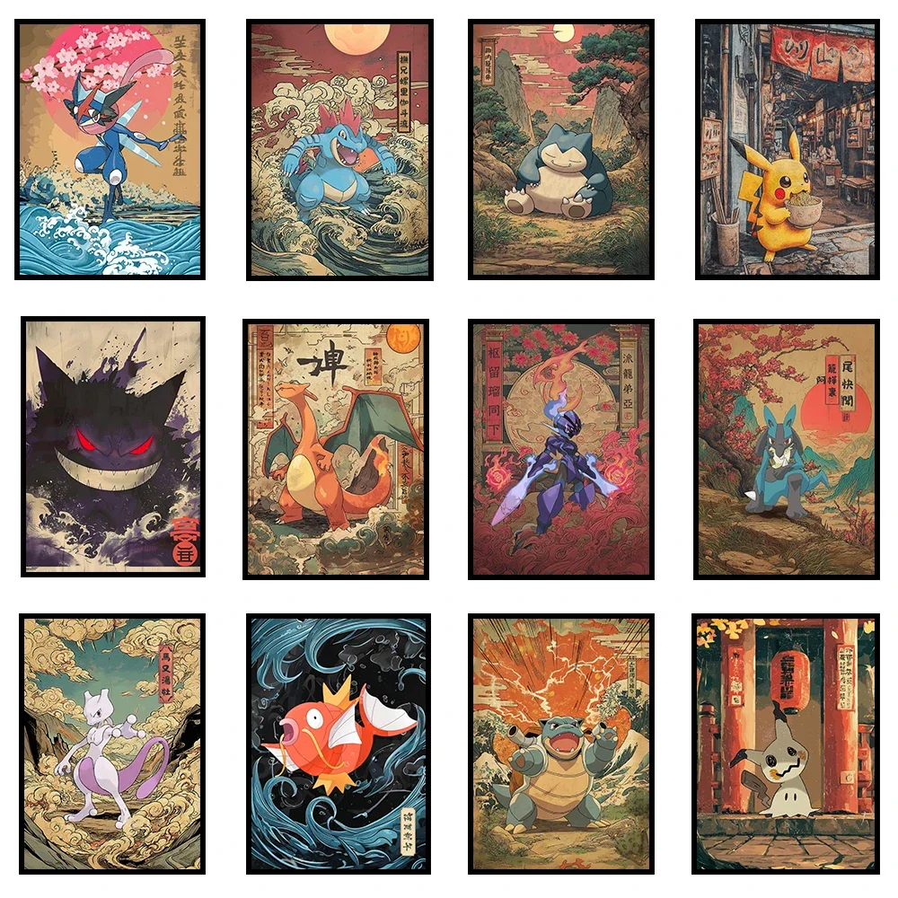 Bandai Cute Pokemon Character Wall Art Poster Japanese Ukiyo-e Pokemon Diamond Art Prints Retro Anime Art Picture Diamond Pain