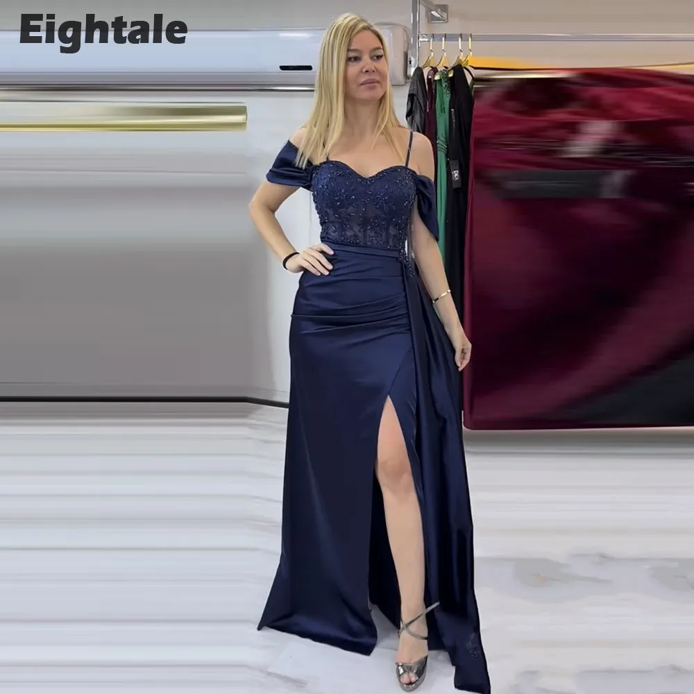 

Eightale Arabic Evening Dress Satin Navy Blue Off Shoulder Mermaid Prom Gowns Celebrity Wedding Party Dress Vestidos De Noch