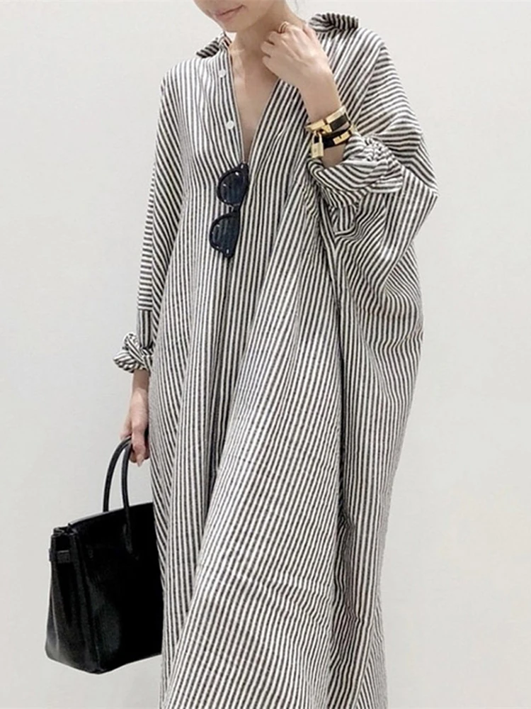 Realeft 2025 novo vintage listrado camisas longas das mulheres vestidos de manga longa único breasted casual solto vestidos retos feminino