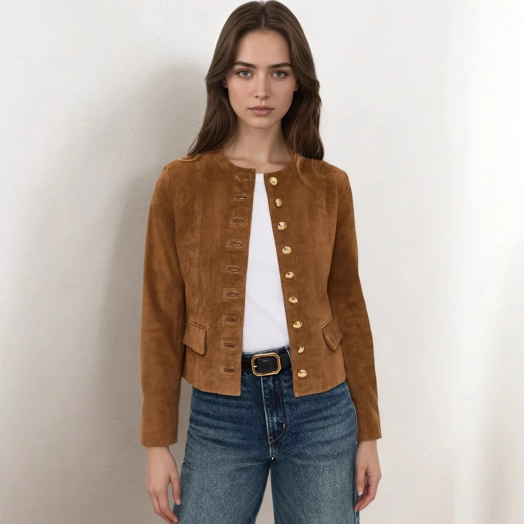 

Fashion Classic European and American Metal Single Breasted Short Style Versatile New Suede Air Layer Top Short Jacket Autumn St