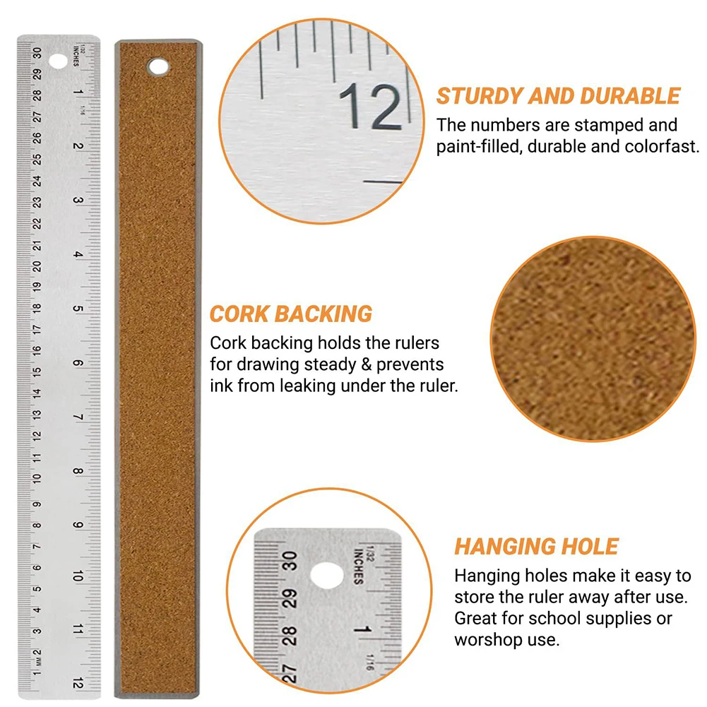 Metal Stainless Steel Ruler Cork Backed For Accurate Measurement Engineering Architecture Crafting Office Stationery 12 Inch