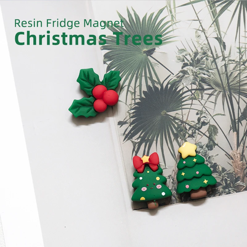 2/3 Pcs Mini Christmas Tree Fridge Magnet Resin 3D Relief Holly Refrigerator Magnet Cute Ornament Holiday Home Office Room Decor