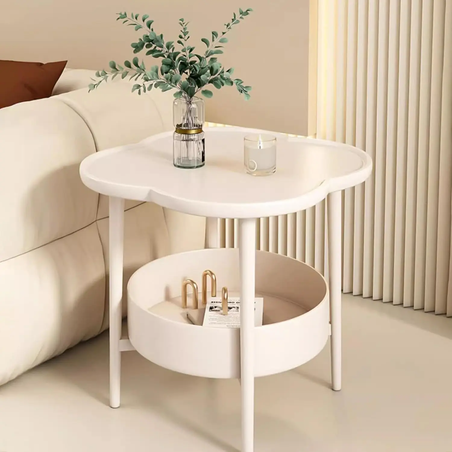 2-Tier Round End Table Flower Shape Side Table with Storage Basket White Nightstand Bedside Table for Living Room Bedroom Office