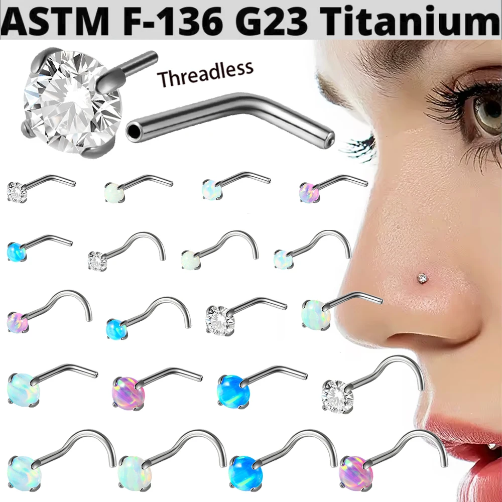 1PC Titanium Opal&CZ L Shape Nose Bone Ring Round Top Threadless Nose Piercing Retainer Holder Nazir Stud Body Piercing Jewelry