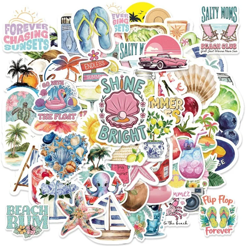100 Stück Niedliche Cartoon Frische Sommer-Strand-Aufkleber PVC Wasserfeste Aufkleber für Notizbuch Skateboard Tagebuch Laptop Geschenk