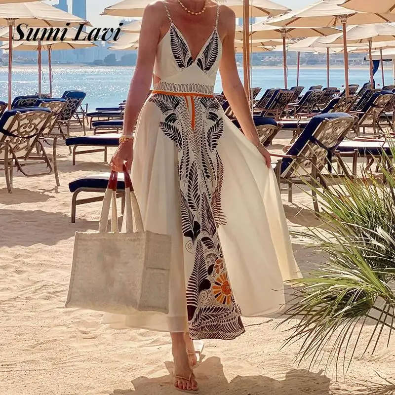 

Women Sexy V-neck Sleeveless Sling Dress Fashion Pattern Printed Linen Party Dress Elegant Backless Bow Tie-up Hollow Long Dress