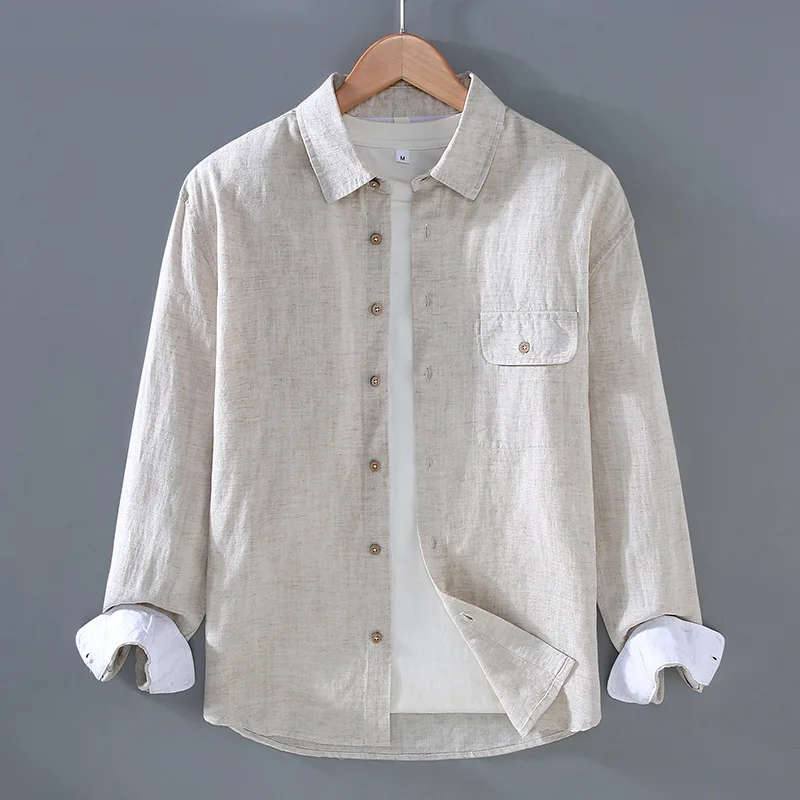 

Spring Summer Pure Color Linen irt Men's Breathable Linen Material Turn-down Collar Open Cardigan Top Casual Slim Fit Long ...