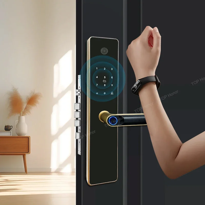 Impressão digital Tuya Locks para portas de madeira, Porta Digital, Entrada Keyless Eletrônica, Wi-Fi, Smart Door Lock com câmera