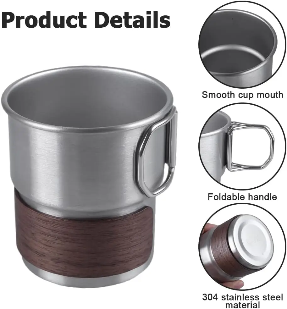 Stainless Steel Camping Coffee Beer Mug with Wood Sleeve Leakproof Lid Portable Outdoor Travel Souvenir Gift for Camping Picnic