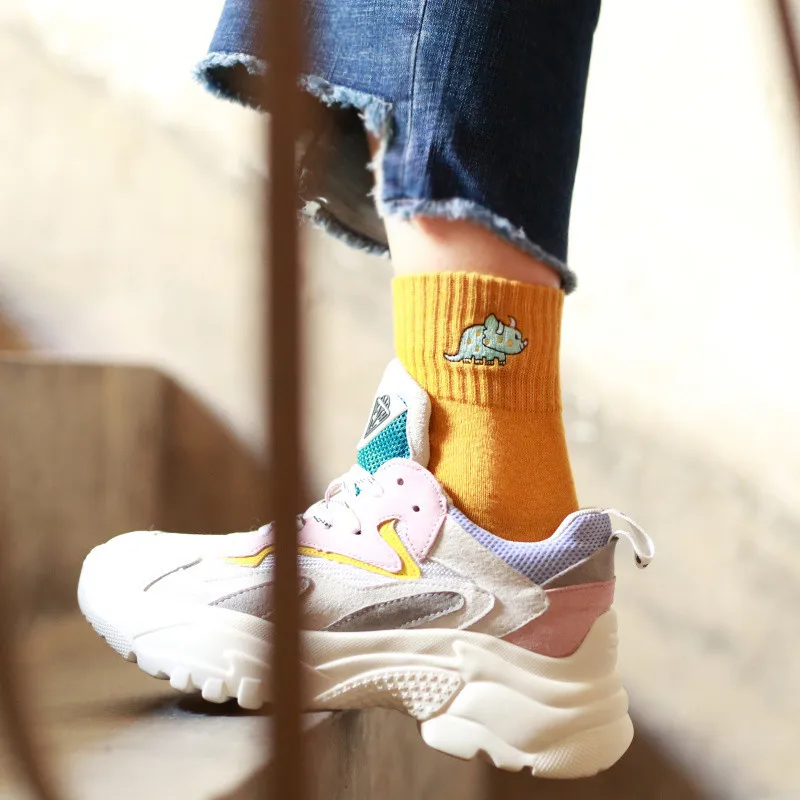 Cute Women Embroidery Dinosaur Socks white Lovely Cartoon Animal Vintage Short Socks Novelty Crazy Funny Cozy Sock Funky image 3