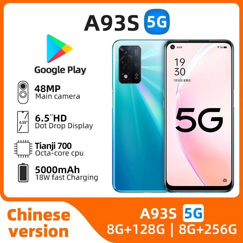 Oppo A93s 5G 안드로이드 6.5 인치, 8GB RAM, 256GB ROM, 모든 색상 잠금 해제, 좋은 상태, 정품 중고 전화