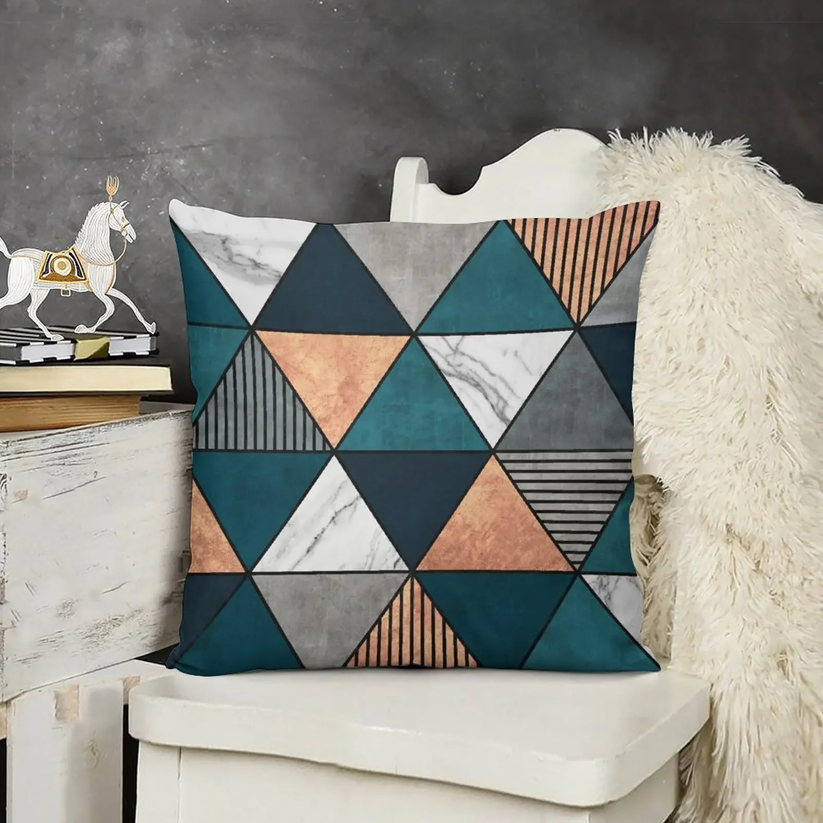 

Copper, Marble and Concrete Triangles 2 with Blue Throw Pillow Cushion Cover Sitting Cushion Embroidered Cushion Cover pillow