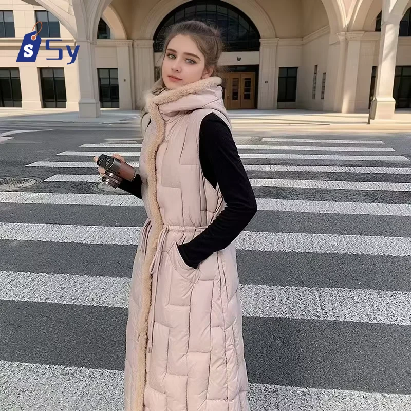 Sy 2024 Autumn Winter New Hooded Down Cotton Jacket Women's Waistcoat Waist Length Over The Knee Fashion Thickened Vest To Wear