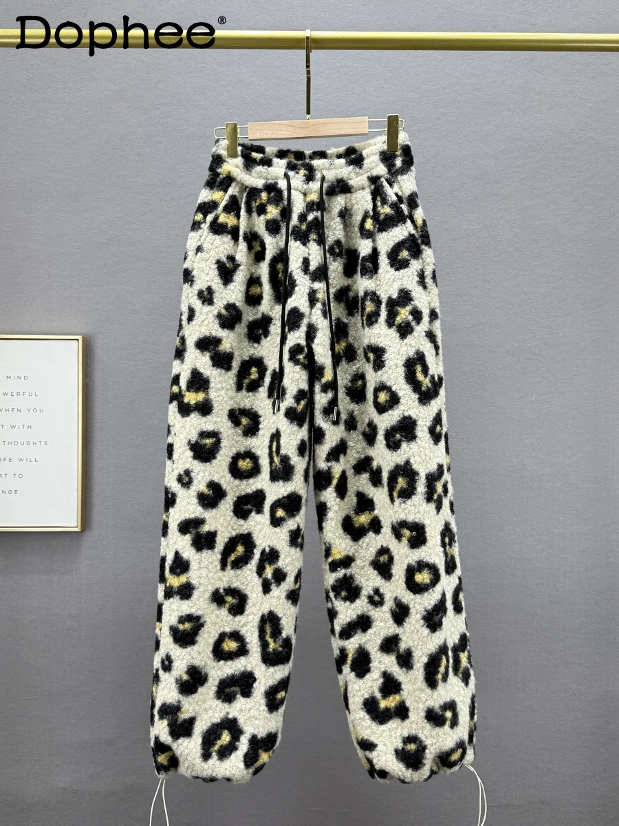 

Leopard Print Sweatpants Women's Fleece and Thicker Winter New High-waisted Loose European Goods Sports Wide-leg Trousers